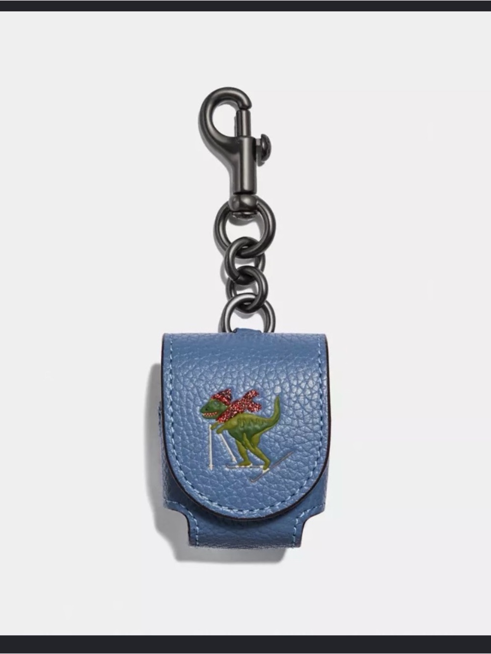 Coach Blue Leather Keychain AirPod case with Skiing Dinosaur REXY
